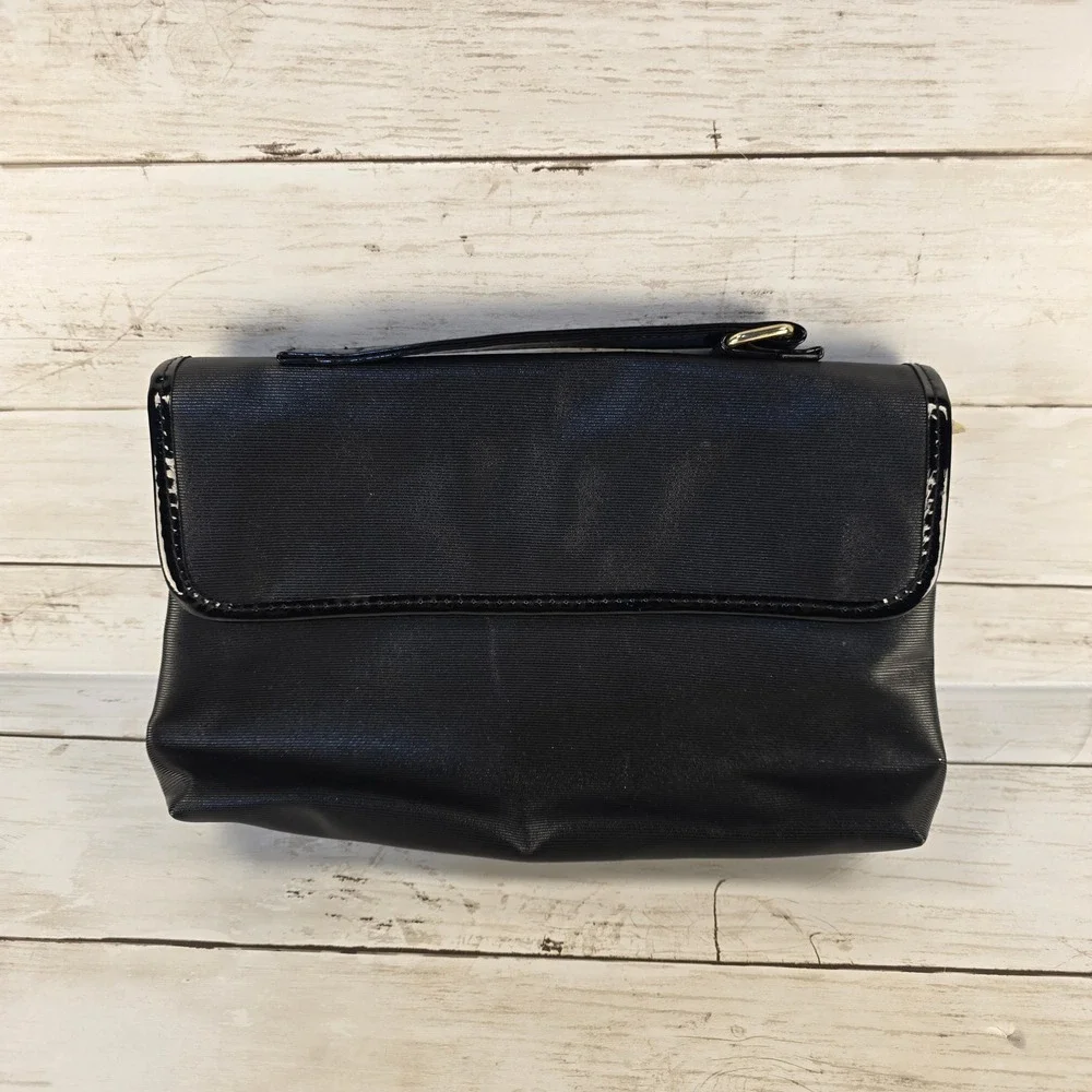 Lancome Paris Black Cosmetic Bag Travel Makeup Organizer Patent Trim‎ Gold Tone
